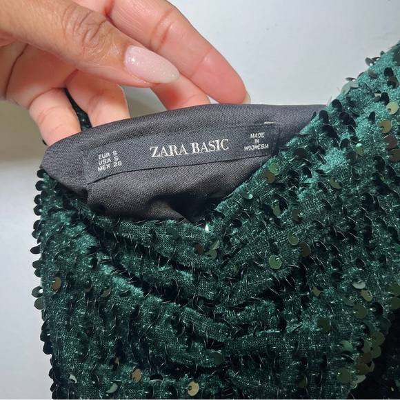 Zara Basic Dark Green Emerald Sequin Mini Dress Size Small - Picture 8 of 10